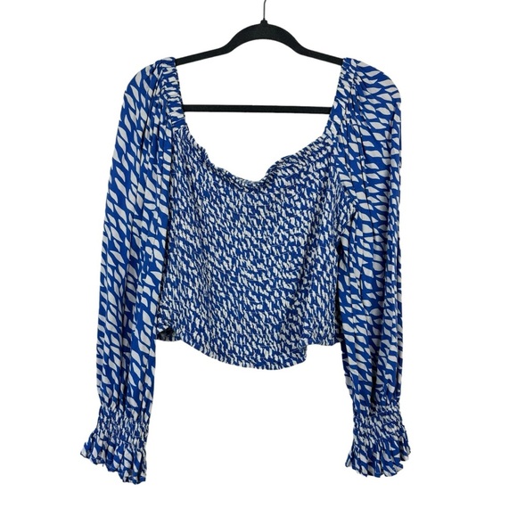 ELOQUII Smocked Crop Top Plus Size 22/24 Long Sleeve 3X Blue & White 100% Rayon - Picture 1 of 10